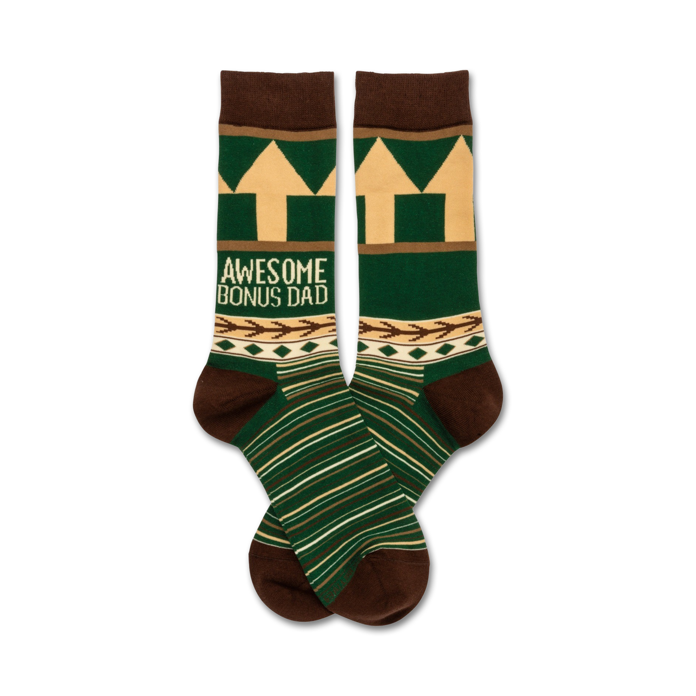 A pair of crew socks in green, brown, and beige.  They feature a geometric pattern, arrows, and the text 'Awesome Bonus Dad'.