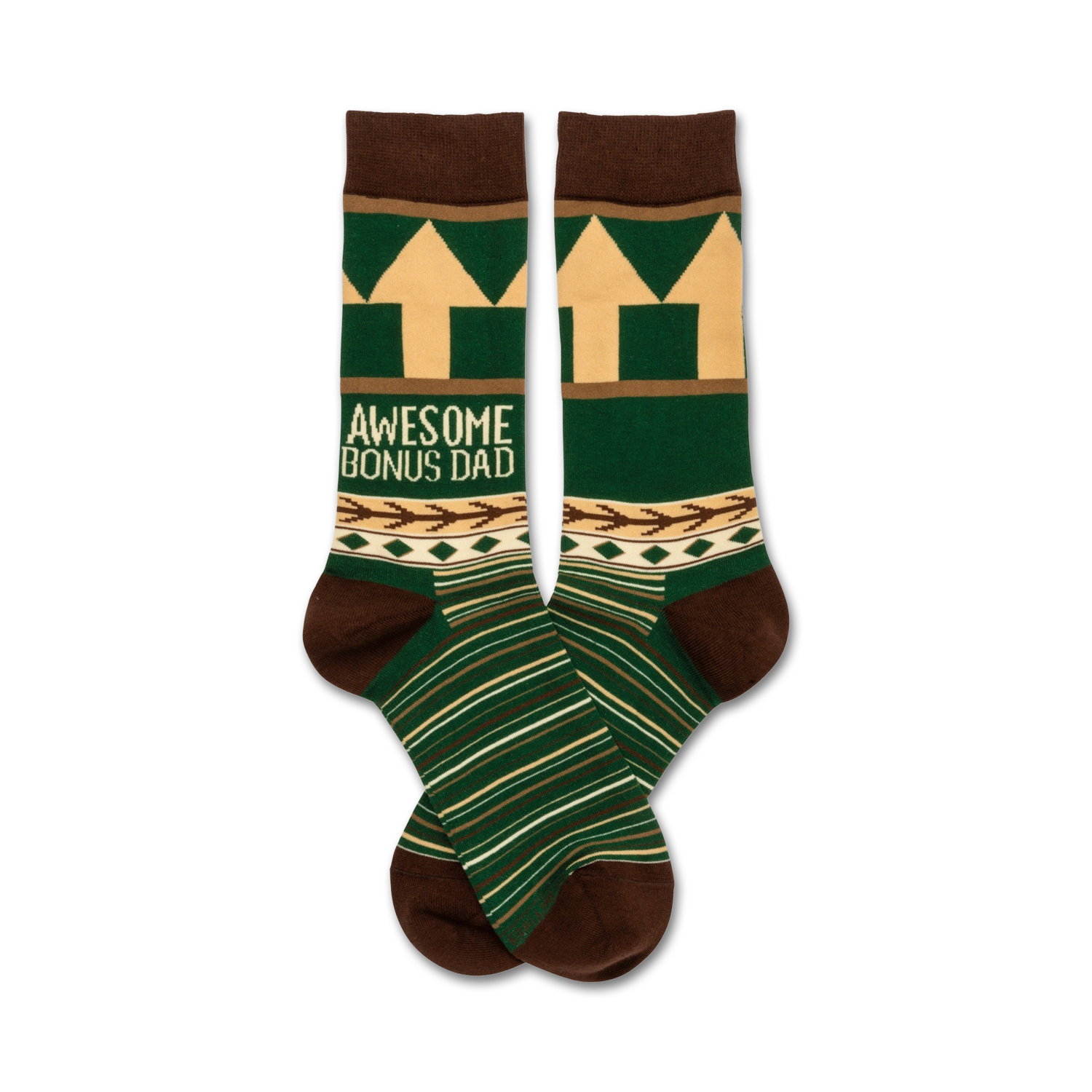 A pair of crew socks in green, brown, and beige.  They feature a geometric pattern, arrows, and the text 'Awesome Bonus Dad'.