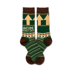 dark brown and green crew socks with "awesome bonus dad" written vertically in white.   