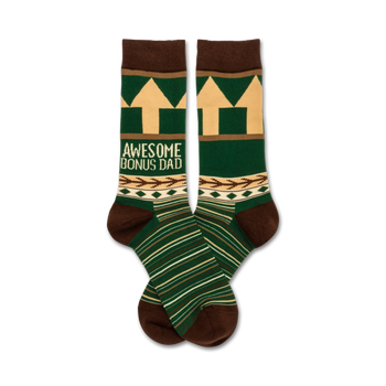 dark brown and green crew socks with "awesome bonus dad" written vertically in white.   