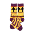 Pair of crew socks in yellow and purple.  The socks have black upward arrows, tribal-inspired accents, and the words 'Awesome Son'.