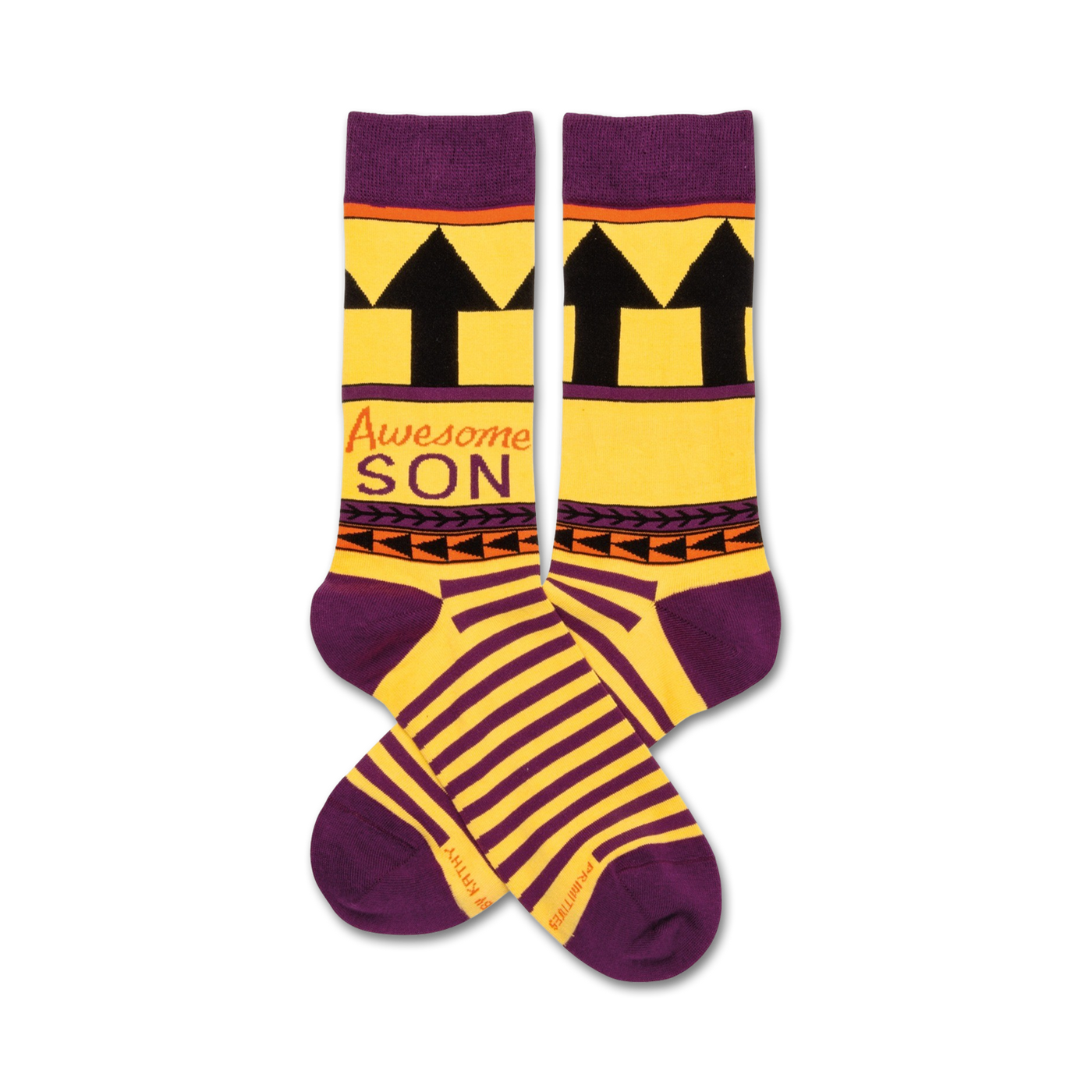Pair of crew socks in yellow and purple.  The socks have black upward arrows, tribal-inspired accents, and the words 'Awesome Son'.
