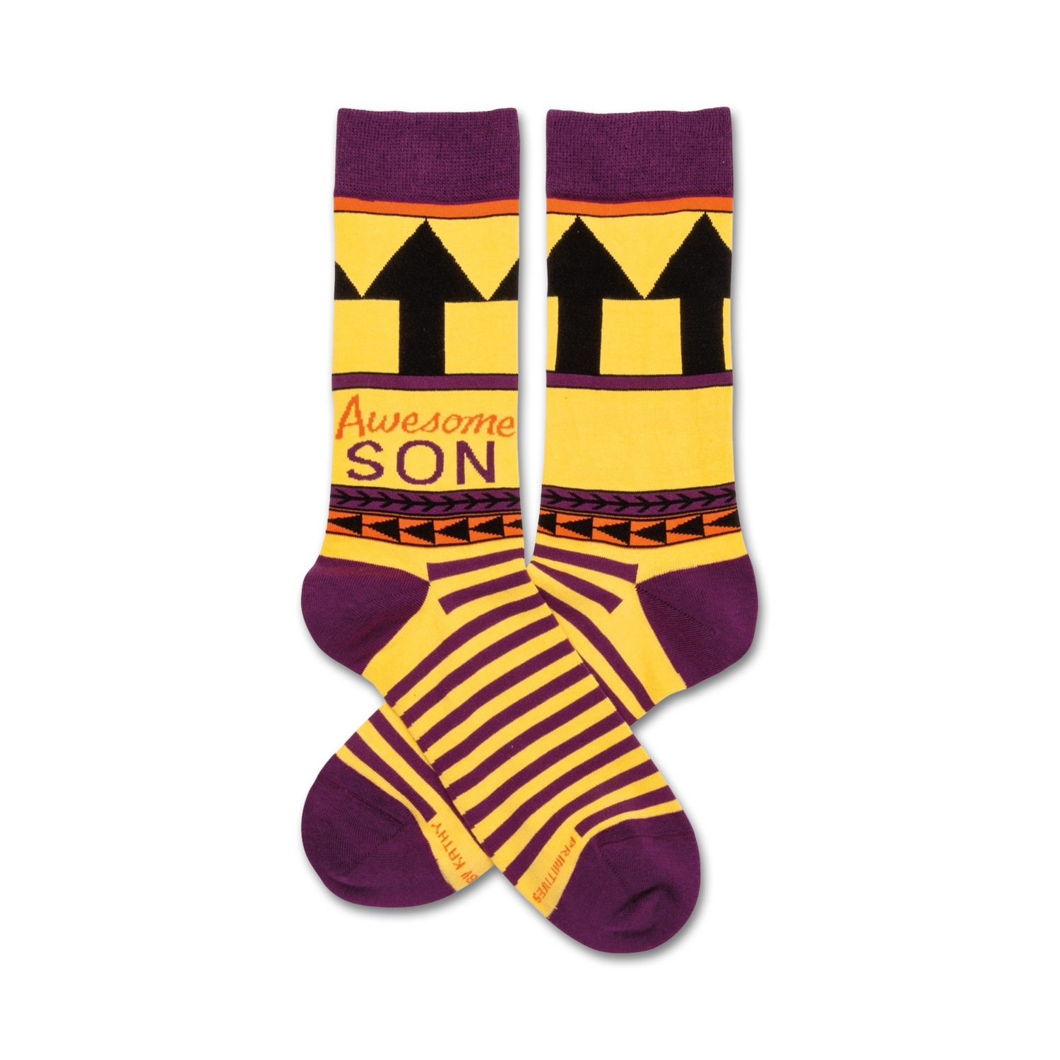 Pair of crew socks in yellow and purple.  The socks have black upward arrows, tribal-inspired accents, and the words 'Awesome Son'.