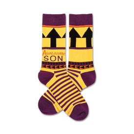 purple and yellow crew socks with the words "awesome son" in black, orange, and yellow lettering.  