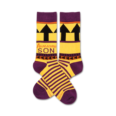 purple and yellow crew socks with the words "awesome son" in black, orange, and yellow lettering.  