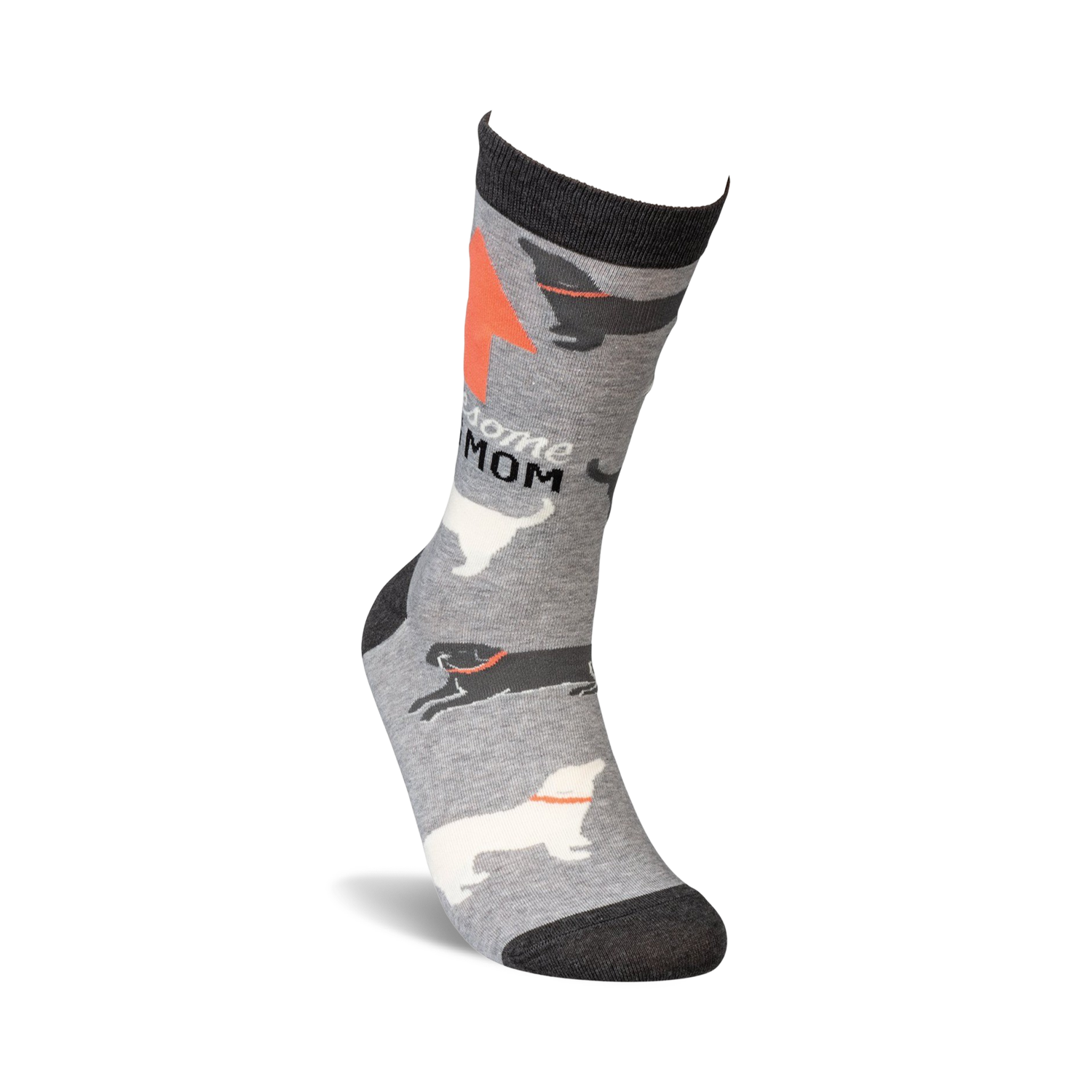 Lifestyle shot of 'Awesome Dog Mom' socks on a model's foot, showing the sock's fit and design.