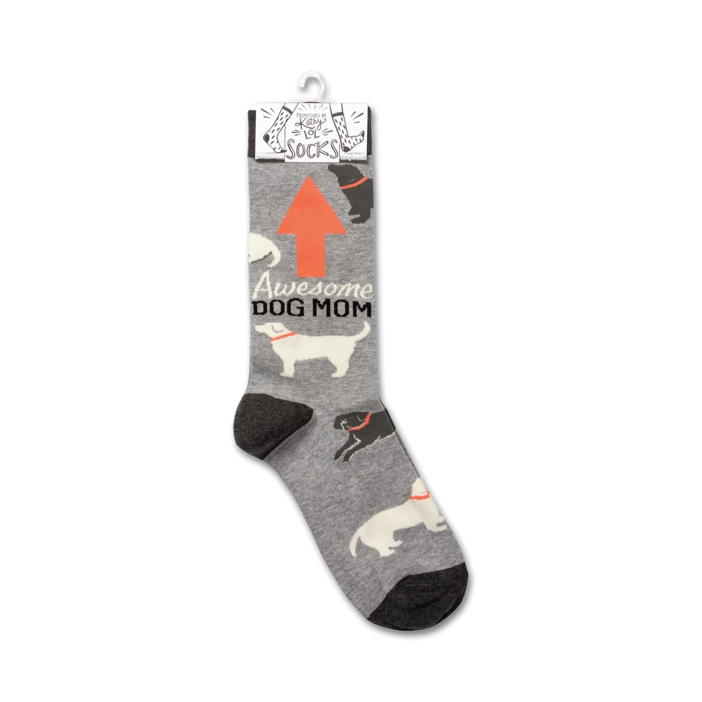 Product shot of 'Awesome Dog Mom' socks hanging on a retail display card.