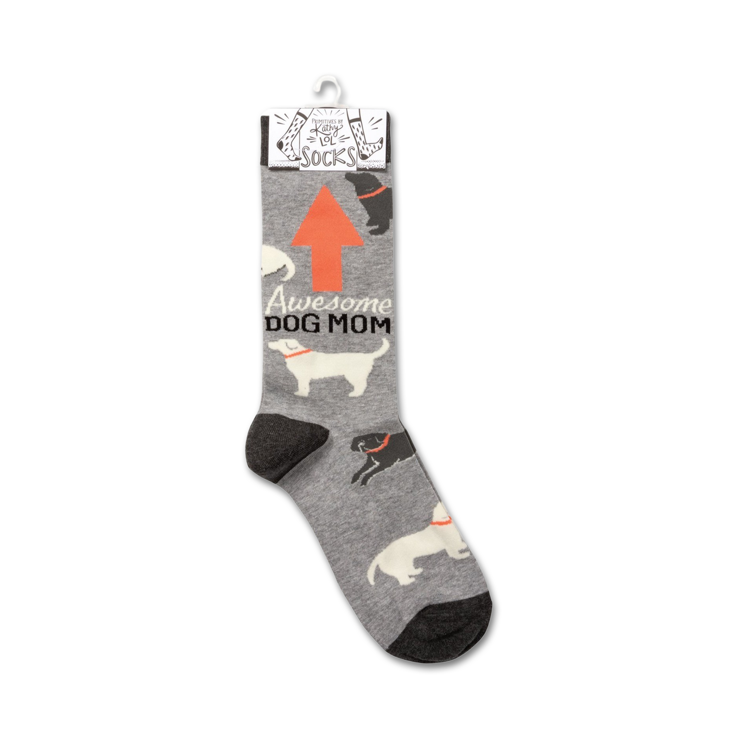 Product shot of 'Awesome Dog Mom' socks hanging on a retail display card.