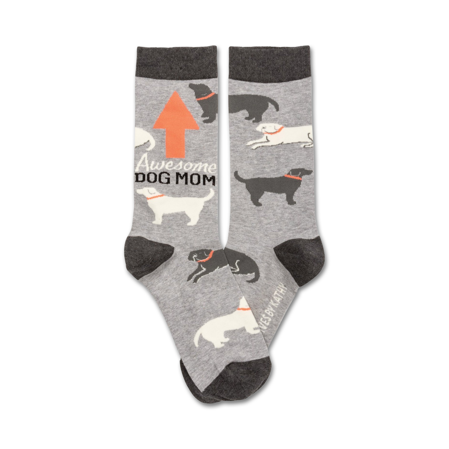 Gray crew socks with a repeating pattern of black and white dogs, an orange arrow, and the text 'Awesome Dog Mom'.