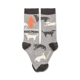 mens gray crew socks with black heel and toe and a repeating pattern of black and white doggos. words "awesome dog mom" printed vertically in red and orange  