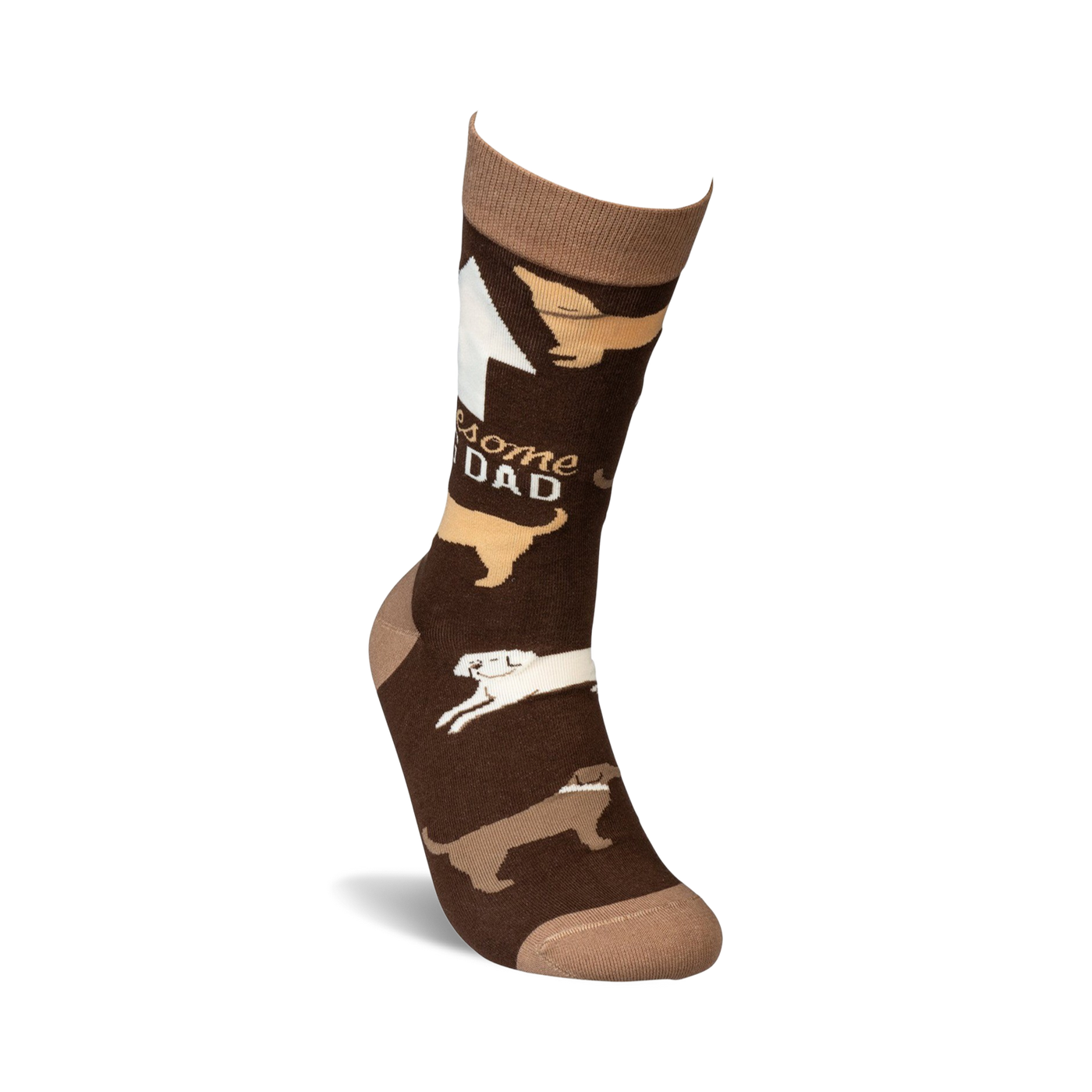 Lifestyle shot of a model wearing the 'Awesome Dog Dad' socks. Shows the socks on a foot.