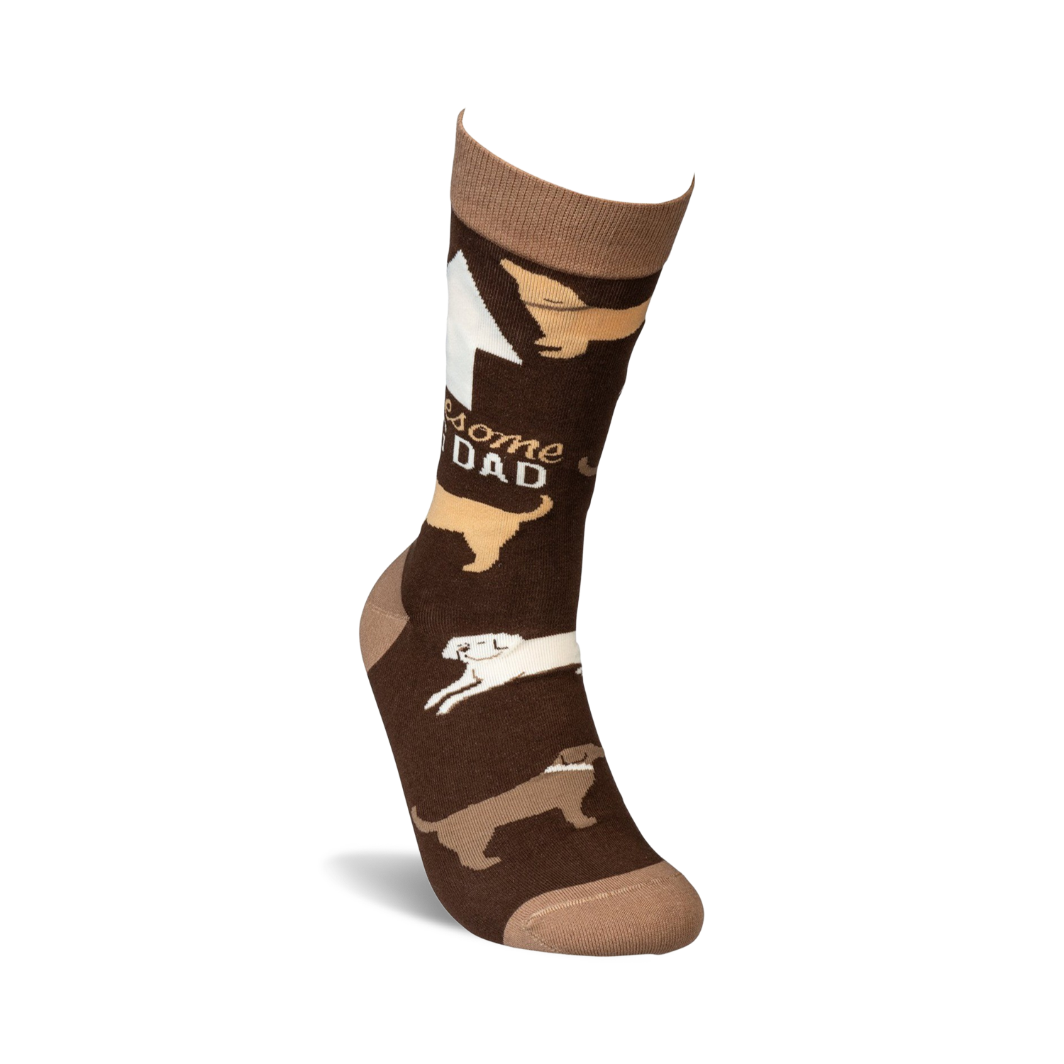 Lifestyle shot of a model wearing the 'Awesome Dog Dad' socks. Shows the socks on a foot.