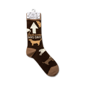 Close-up of the 'Awesome Dog Dad' socks on a hanger.  Shows product packaging and sock detail.