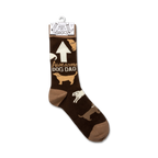 Close-up of the 'Awesome Dog Dad' socks on a hanger.  Shows product packaging and sock detail.