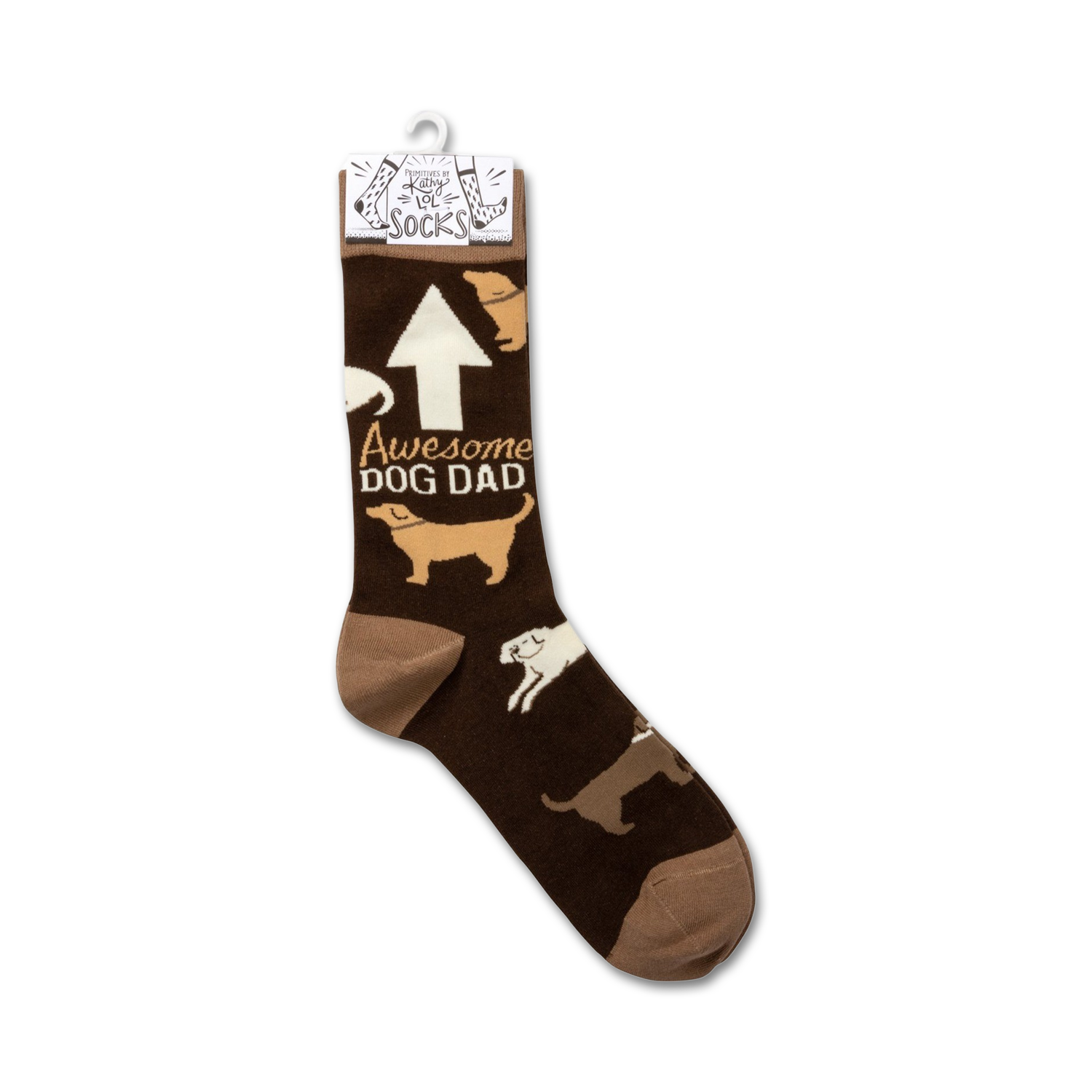 Close-up of the 'Awesome Dog Dad' socks on a hanger.  Shows product packaging and sock detail.