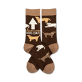 Brown crew socks with tan cuffs, featuring illustrations of dogs and the text 'Awesome Dog Dad'.