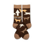 Brown crew socks with tan cuffs, featuring illustrations of dogs and the text 'Awesome Dog Dad'.