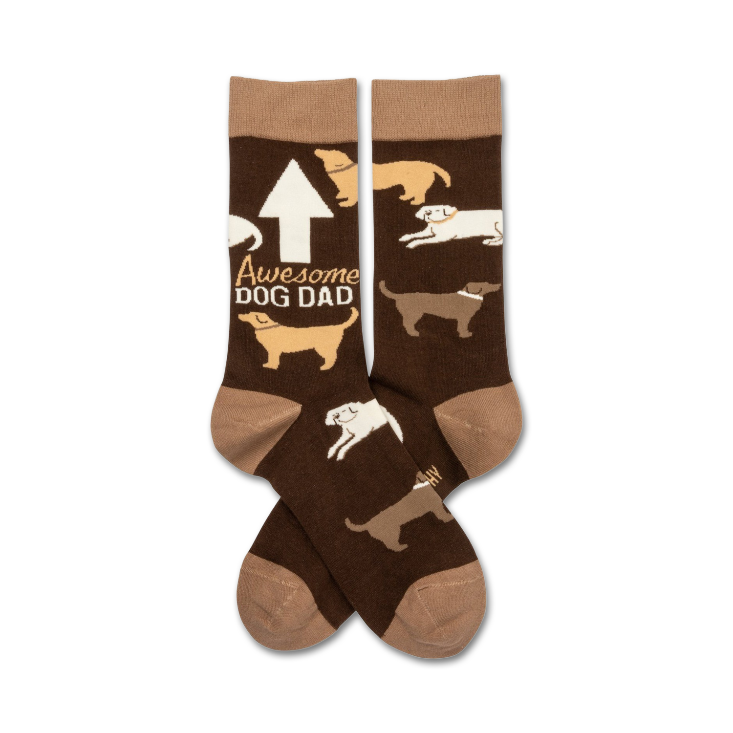 Brown crew socks with tan cuffs, featuring illustrations of dogs and the text 'Awesome Dog Dad'.