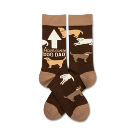 crew socks for men with dog pattern and "awesome dog dad" lettering in brown  