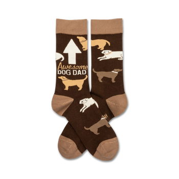 crew socks for men with dog pattern and "awesome dog dad" lettering in brown  