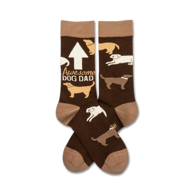 crew socks for men with dog pattern and "awesome dog dad" lettering in brown  