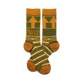 Crew socks in olive green and mustard yellow.  The design includes geometric shapes, a Southwestern-inspired band, and the words 'Awesome Friend'.