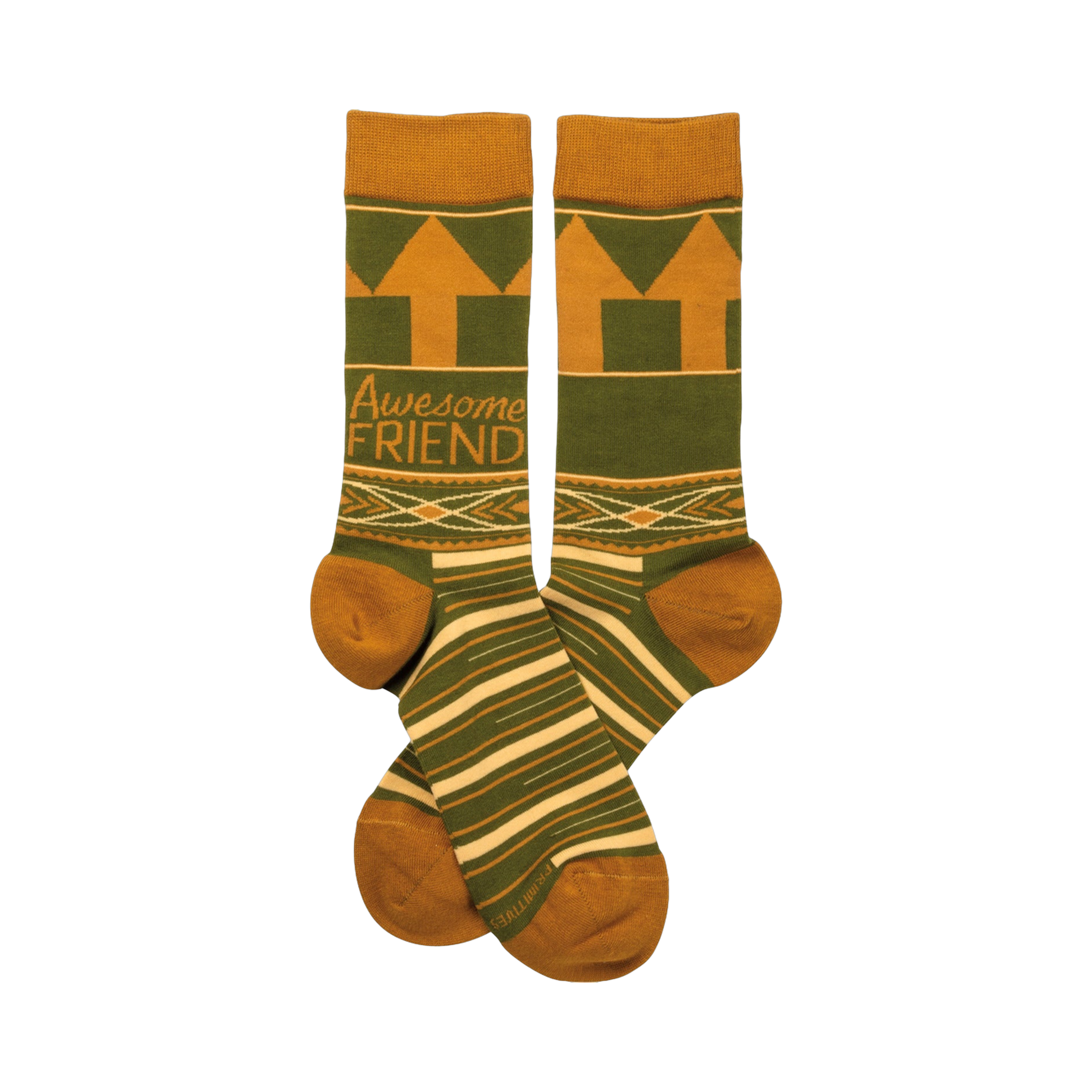 Crew socks in olive green and mustard yellow.  The design includes geometric shapes, a Southwestern-inspired band, and the words 'Awesome Friend'.