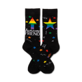 Pair of black crew socks with rainbow stars, a rainbow arrow, and the text 'Awesome Friend'.