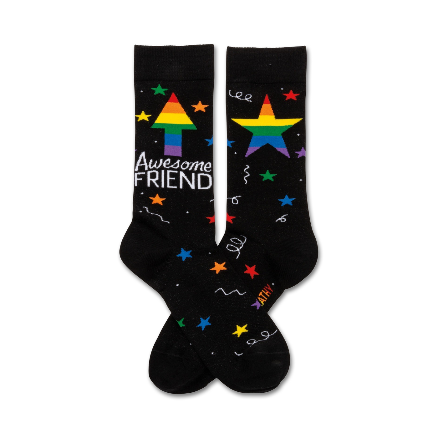 Pair of black crew socks with rainbow stars, a rainbow arrow, and the text 'Awesome Friend'.
