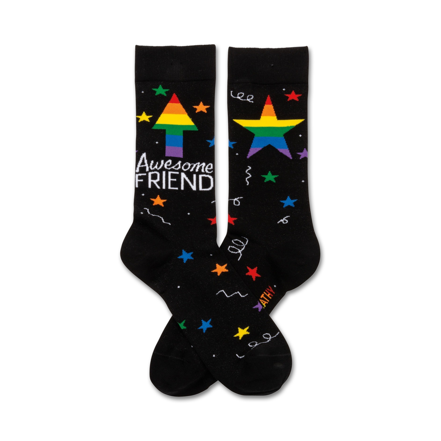 Pair of black crew socks with rainbow stars, a rainbow arrow, and the text 'Awesome Friend'.