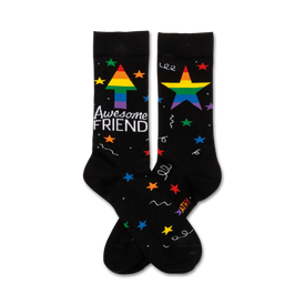 black crew socks have colorful stars and 'awesome friend' and an arrow pointing up rainbow colors  