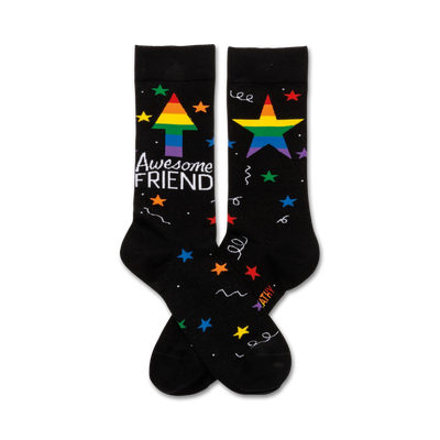 black crew socks have colorful stars and 'awesome friend' and an arrow pointing up rainbow colors  