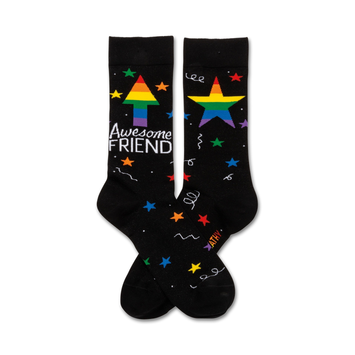 black crew socks have colorful stars and 'awesome friend' and an arrow pointing up rainbow colors   }}