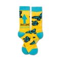 Pair of yellow crew socks with teal blue butterflies, an upward pointing arrow, and the text 'Awesome Girlfriend'.
