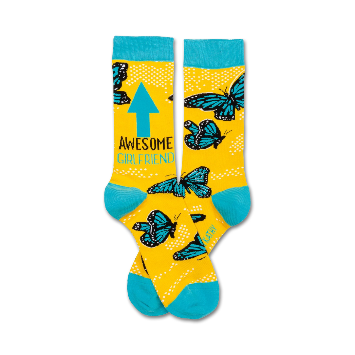 Pair of yellow crew socks with teal blue butterflies, an upward pointing arrow, and the text 'Awesome Girlfriend'.