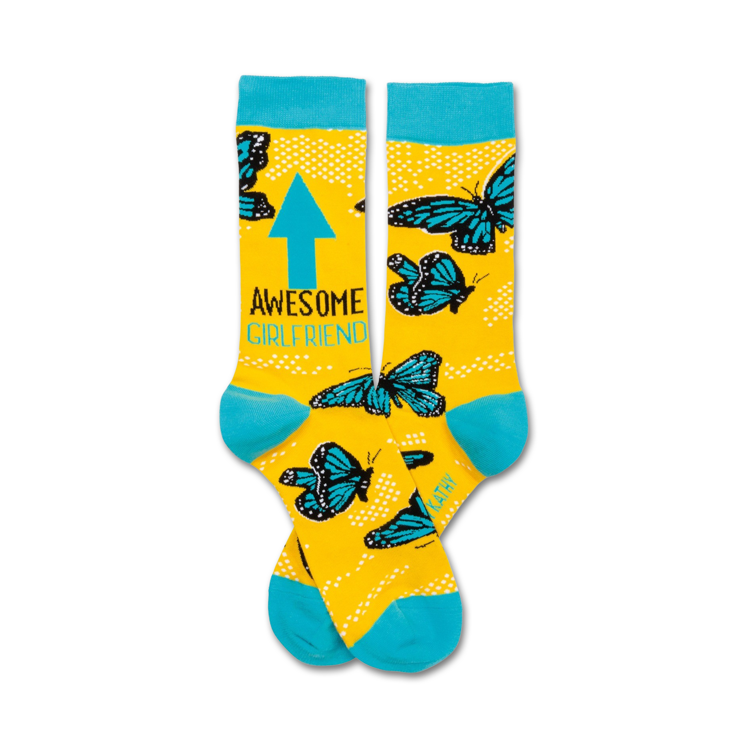 Pair of yellow crew socks with teal blue butterflies, an upward pointing arrow, and the text 'Awesome Girlfriend'.