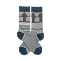 Pair of gray and blue crew socks.  Features gray arrows, the words "Awesome Boyfriend", a geometric pattern, and thin navy stripes.