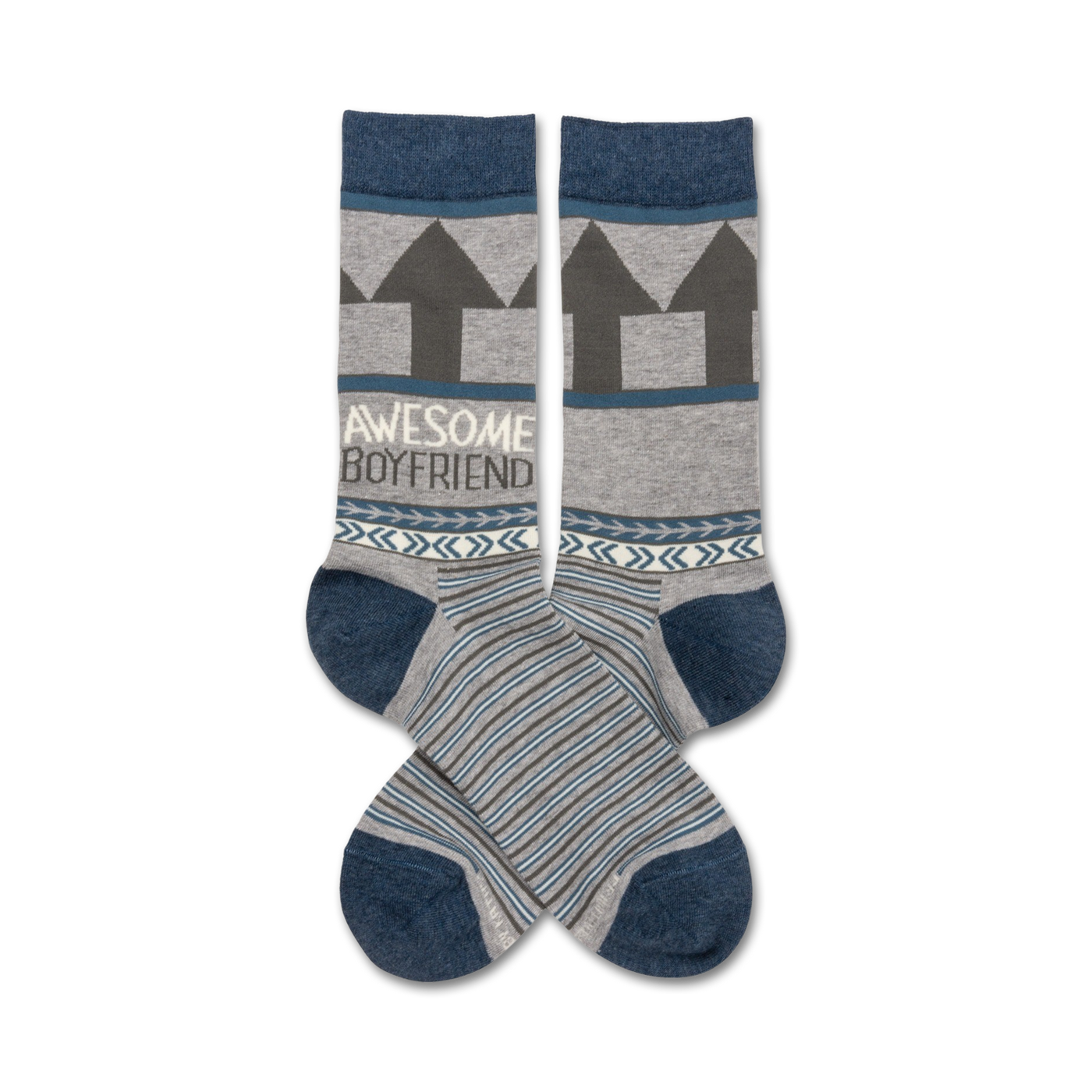 Pair of gray and blue crew socks.  Features gray arrows, the words "Awesome Boyfriend", a geometric pattern, and thin navy stripes.