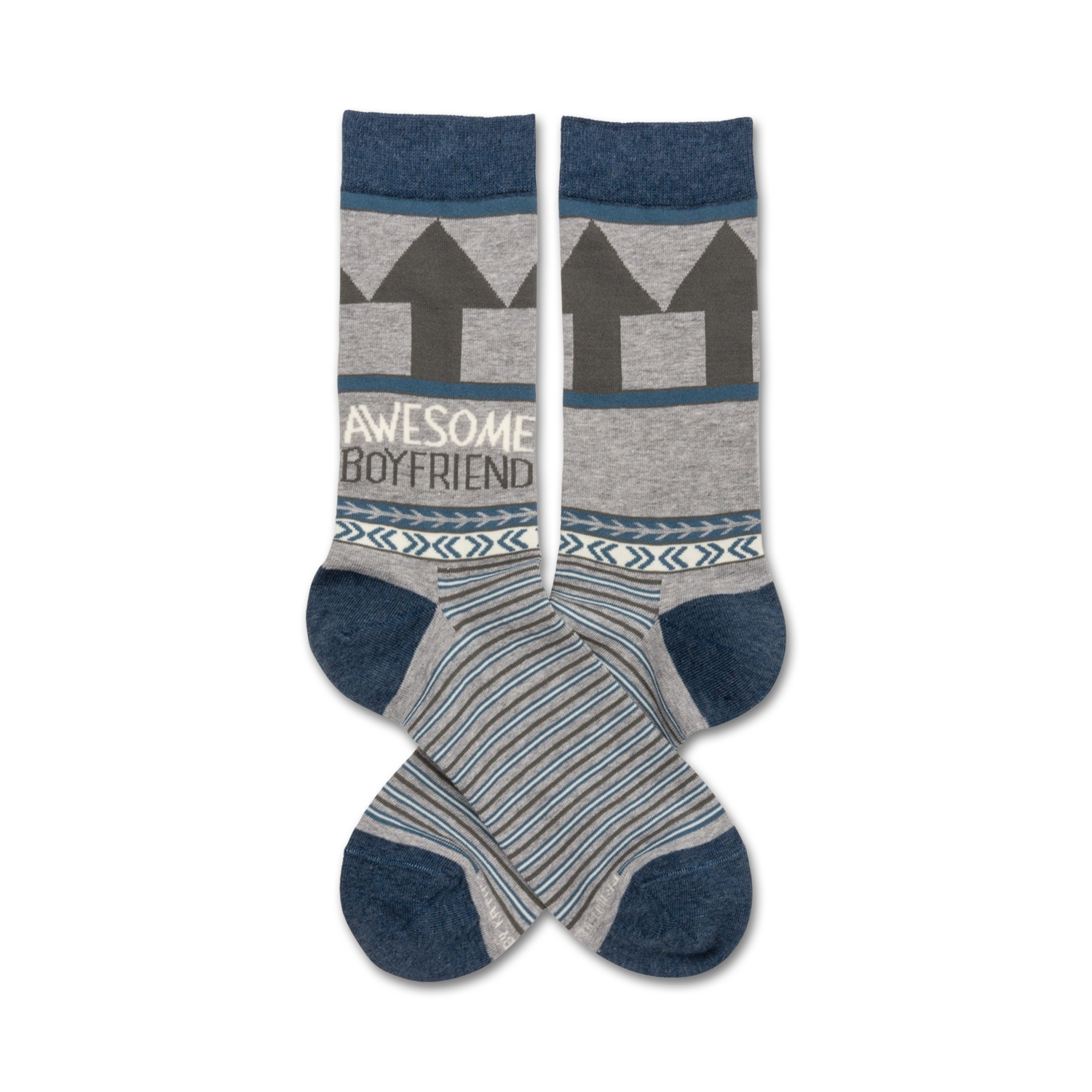 Pair of gray and blue crew socks.  Features gray arrows, the words "Awesome Boyfriend", a geometric pattern, and thin navy stripes.