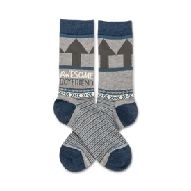 gray crew socks with 'awesome boyfriend' in speech bubble, blue/brown triangles, blue/white stripes at toe/heel.   