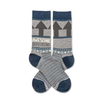 gray crew socks with 'awesome boyfriend' in speech bubble, blue/brown triangles, blue/white stripes at toe/heel.   