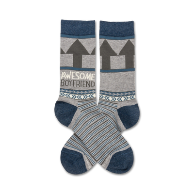 gray crew socks with 'awesome boyfriend' in speech bubble, blue/brown triangles, blue/white stripes at toe/heel.   