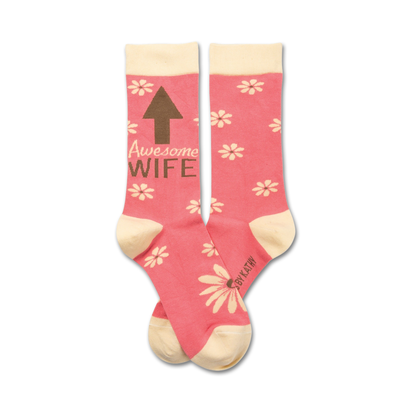 Pair of pink crew socks with a cream cuff.  Features a brown arrow pointing up and the words 'Awesome Wife' and a scattered daisy pattern.