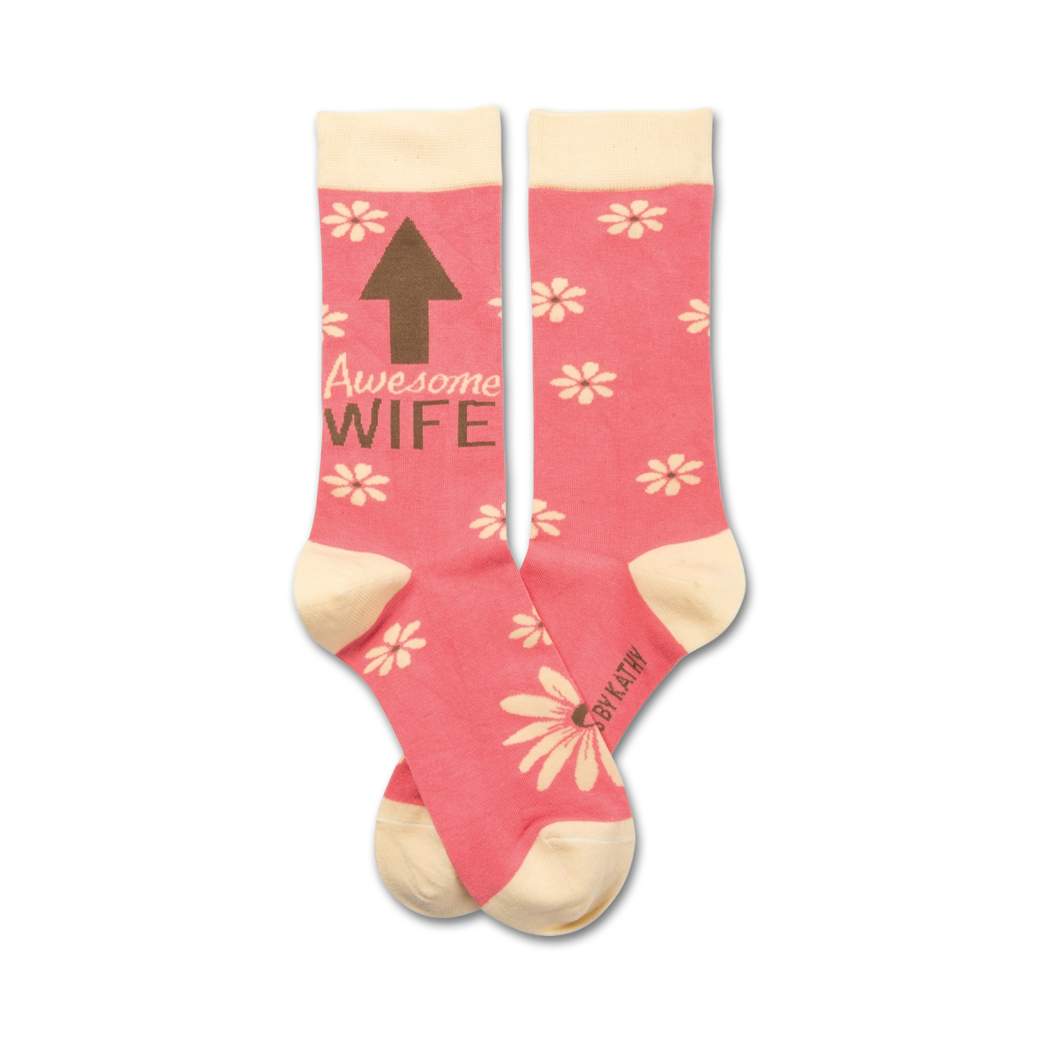 Pair of pink crew socks with a cream cuff.  Features a brown arrow pointing up and the words 'Awesome Wife' and a scattered daisy pattern.