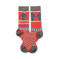 Pair of crew socks in coral and gray.  They feature gray upward arrows, a navy band with the words "Awesome Husband", and horizontal stripes.