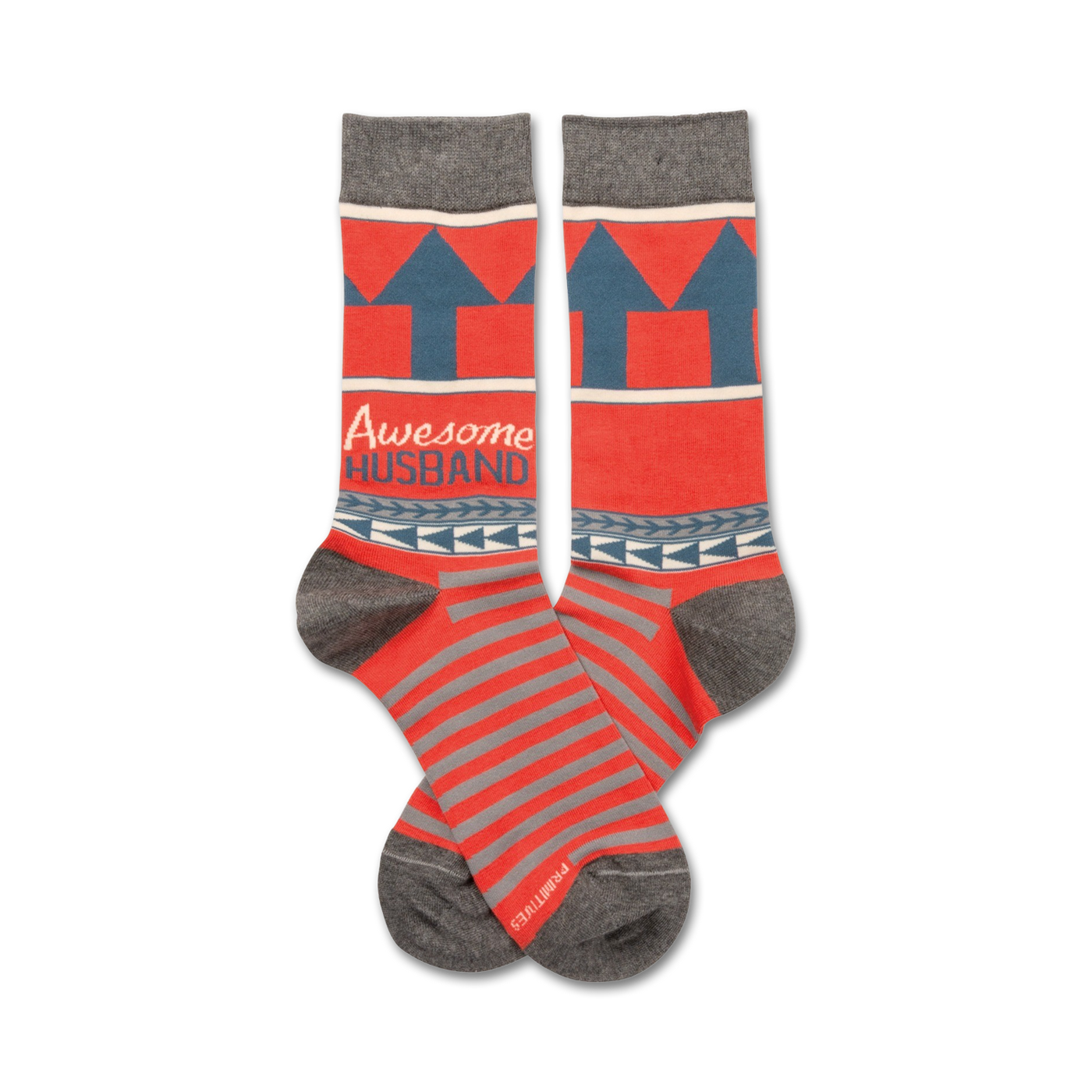 Pair of crew socks in coral and gray.  They feature gray upward arrows, a navy band with the words "Awesome Husband", and horizontal stripes.