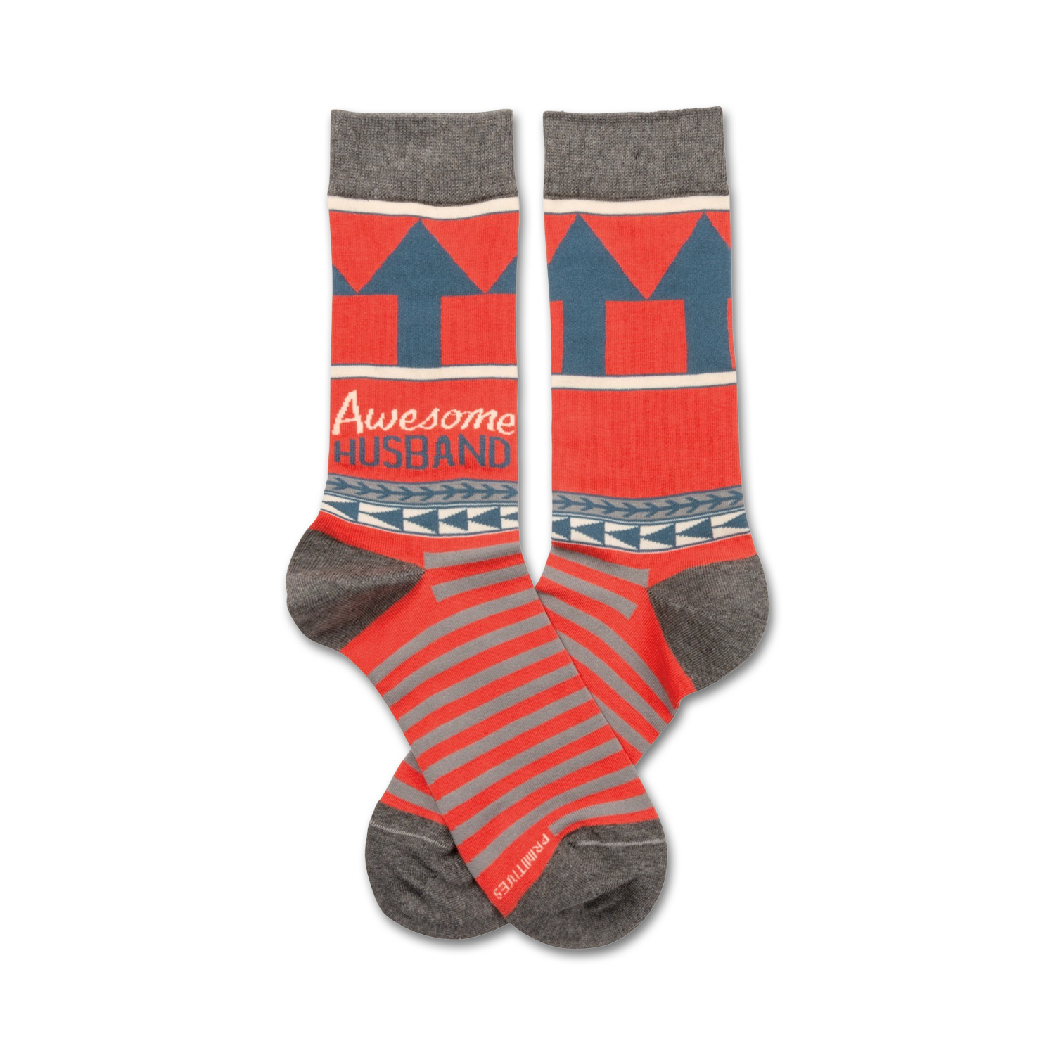 Pair of crew socks in coral and gray.  They feature gray upward arrows, a navy band with the words "Awesome Husband", and horizontal stripes.