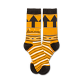 Pair of orange crew socks with black stripes, black arrow design, and 'Awesome' text.  Features a Native American-inspired pattern.