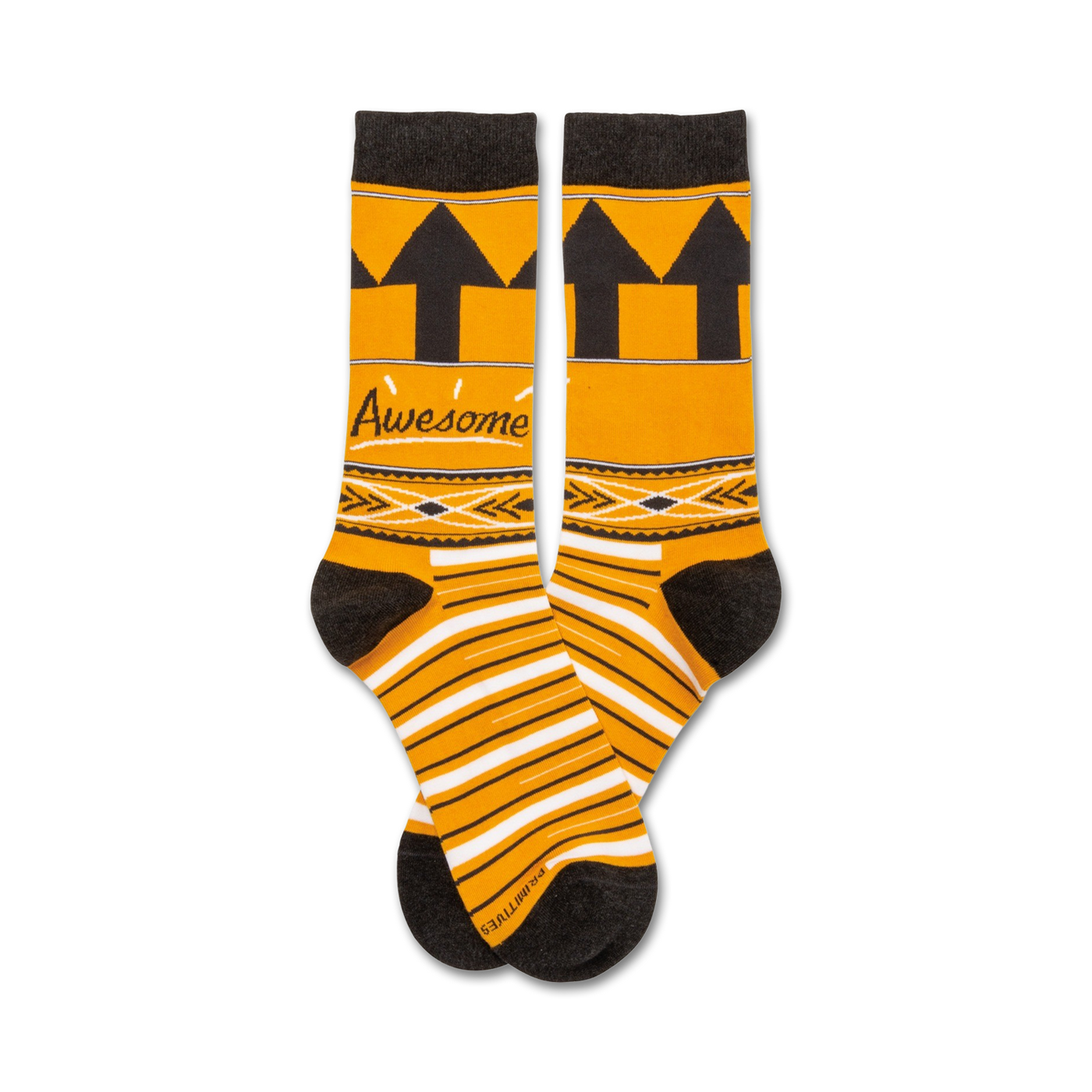 Pair of orange crew socks with black stripes, black arrow design, and 'Awesome' text.  Features a Native American-inspired pattern.