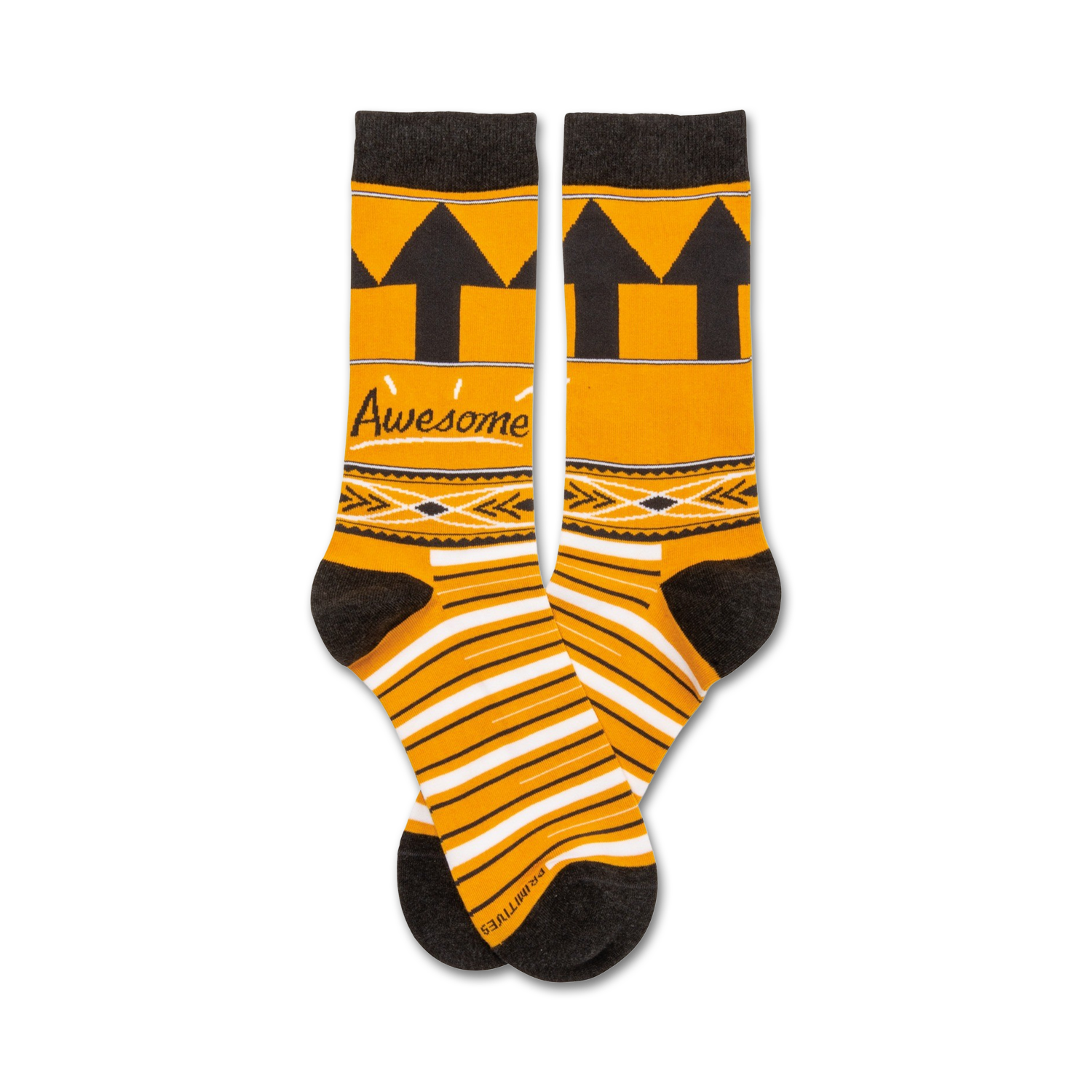 Pair of orange crew socks with black stripes, black arrow design, and 'Awesome' text.  Features a Native American-inspired pattern.